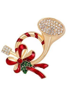 Christmas Trumpet Horn Brooch Rhinestone Enamel Holly Bow Pin Gold Holiday NEW